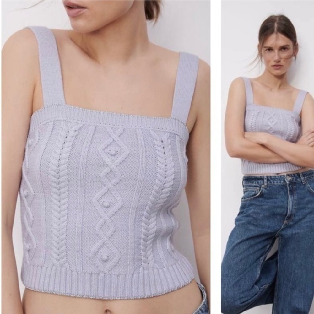 NWOT ZARA Lilac Cable Knit Silver Metallic Trim Tank Top Sleeveless Sweater